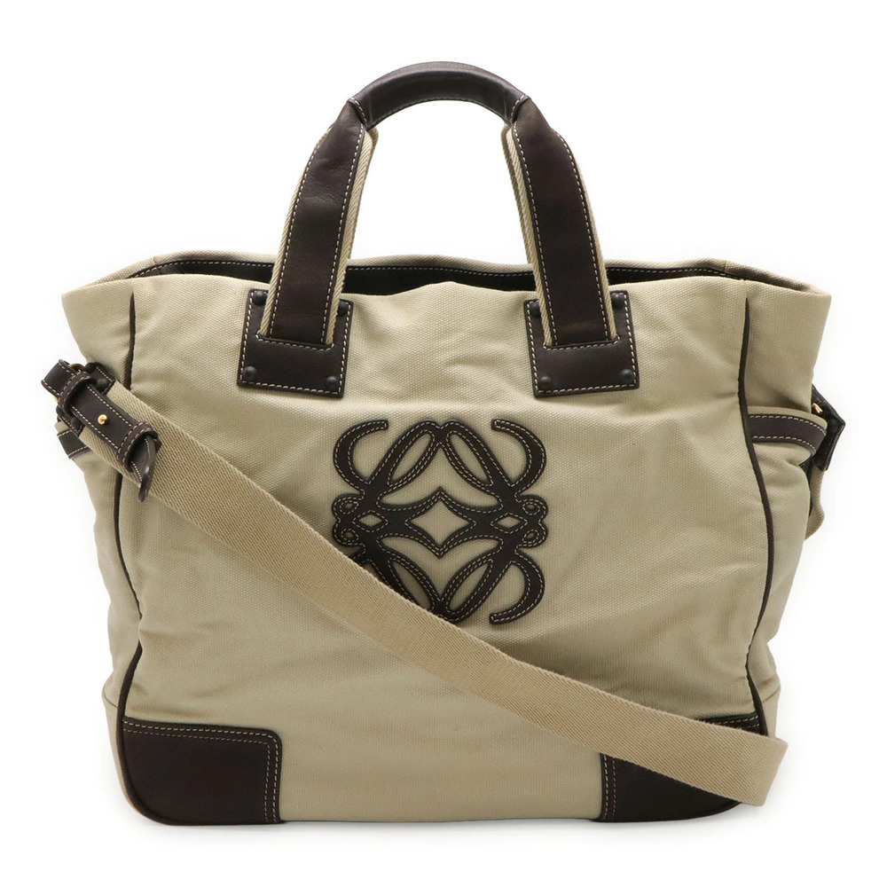 Loewe Anagram Tote Bag Handbag Shoulder Canvas Leather Beige Cream Dark Brown